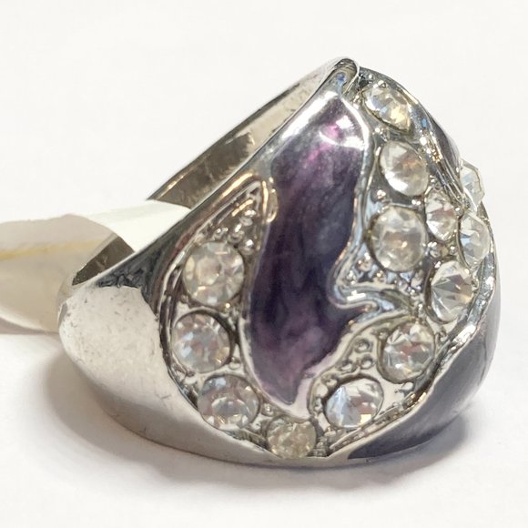Vintage Purple Enamel Cocktail Ring Silver Plated Crystal Rhinestone Size 6 Boho - Picture 7 of 12